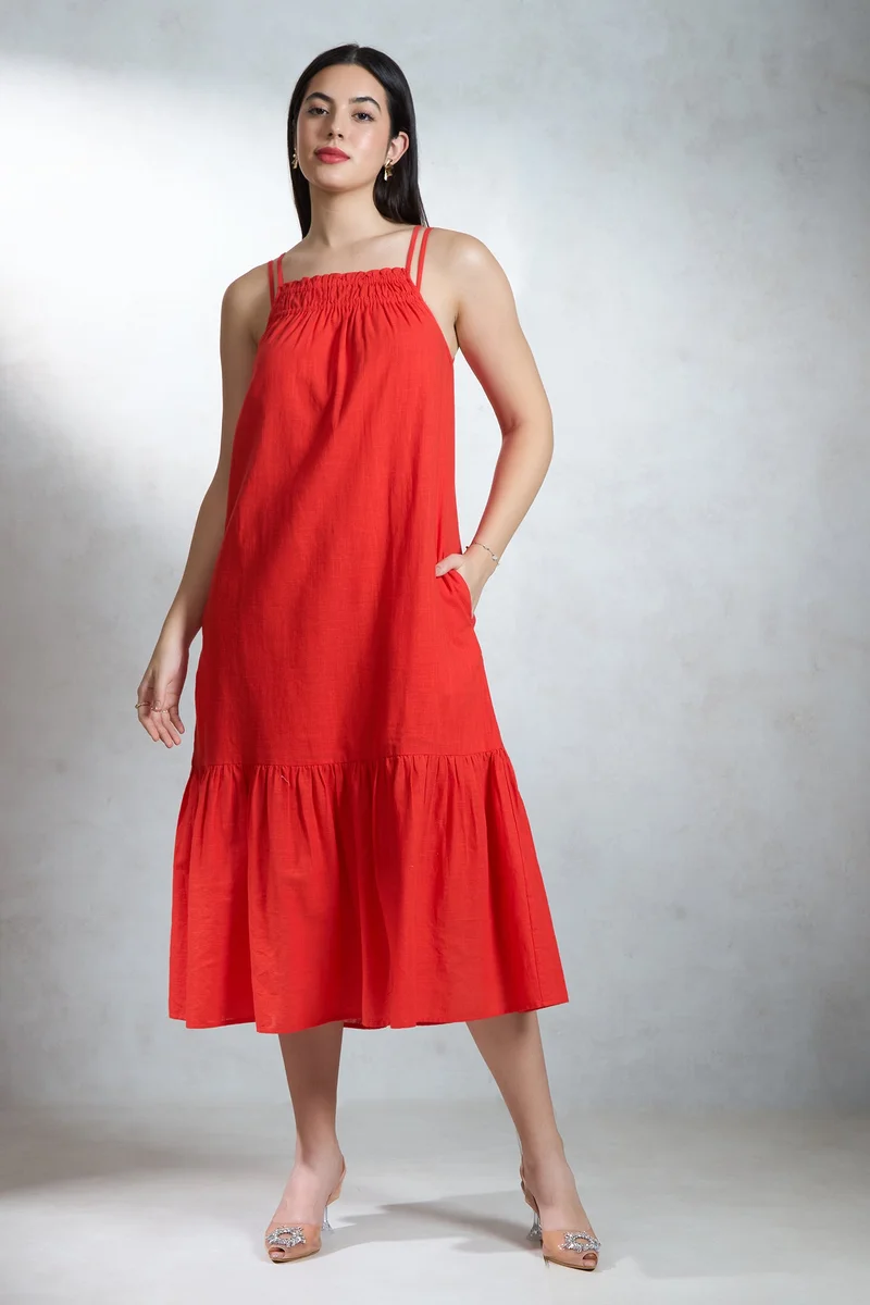 Virgio  Solid Cotton Coral Midi Dress for Women for Women | Best Price UAE