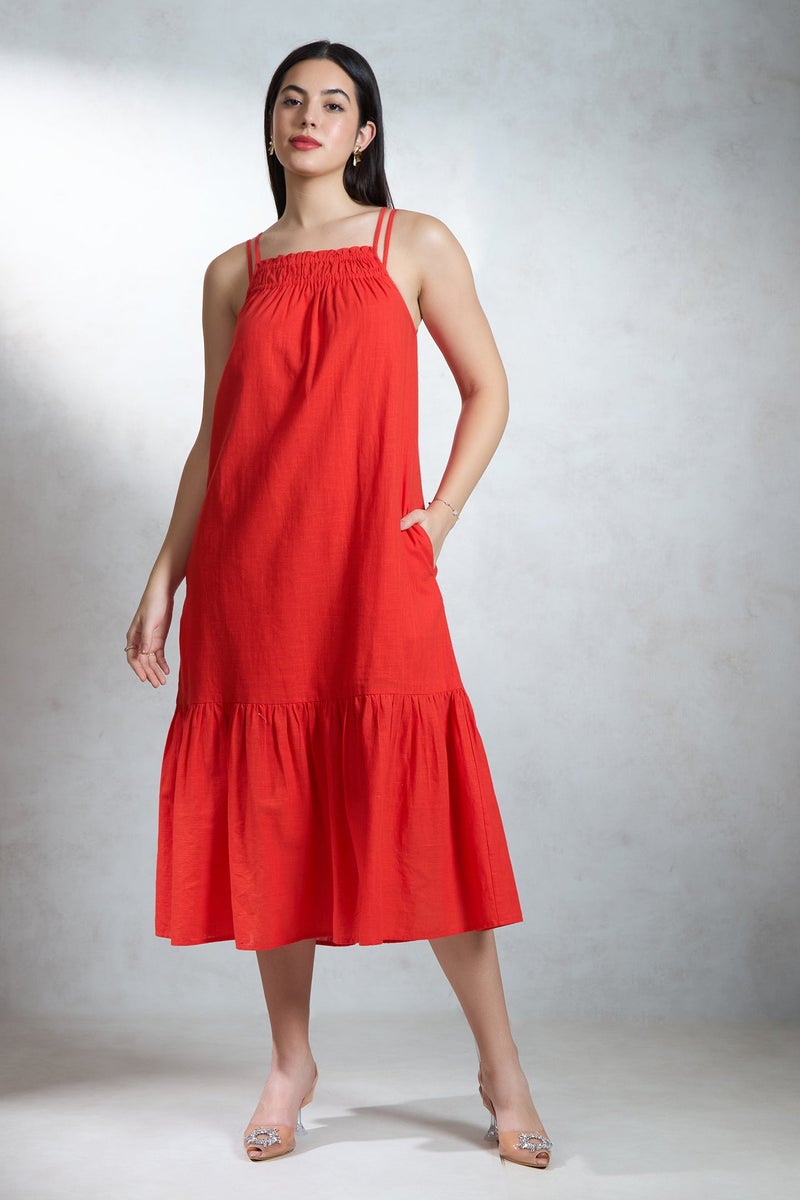 Virgio Solid Cotton Coral Midi Dress for Women - Image 3