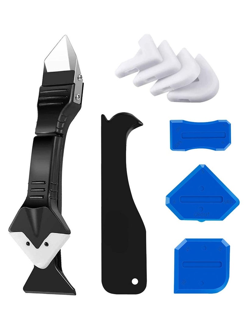 SYOSI - Caulking Tool Kit, 3 in 1 Silicone Caulk Remover Glass Glue Angle Scraper for Kitchen Bathroom Window Sink Joint with 5 Replaceable Silicone Pads - Image 1