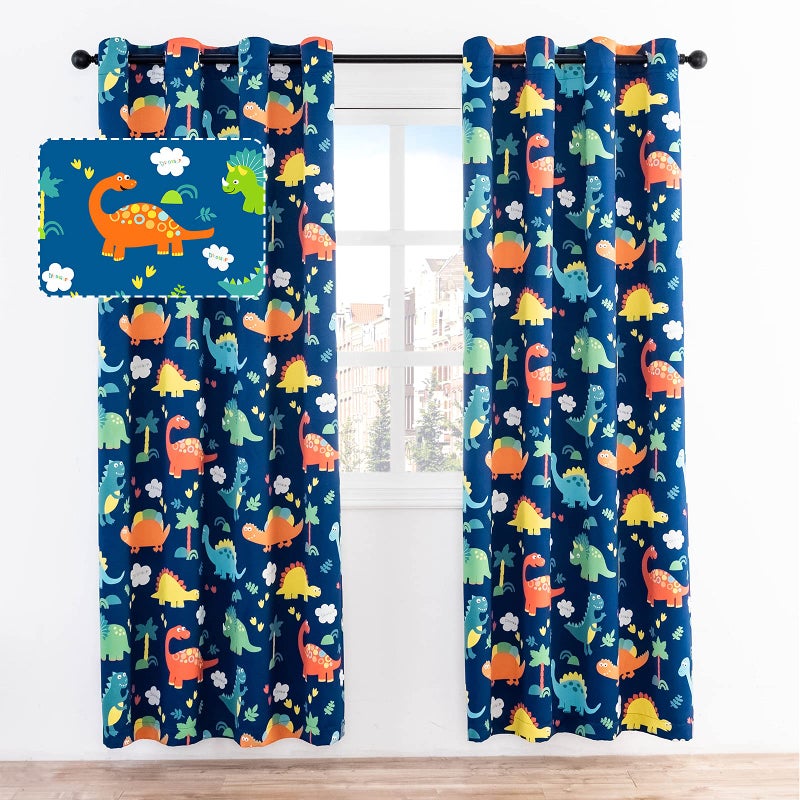 Sivio Kids Room Curtains Grommet Top Printed Darkening Drapes for Bedroom Nursery Living Room Dinosaur Prints Blue 52 x 84 Inch
