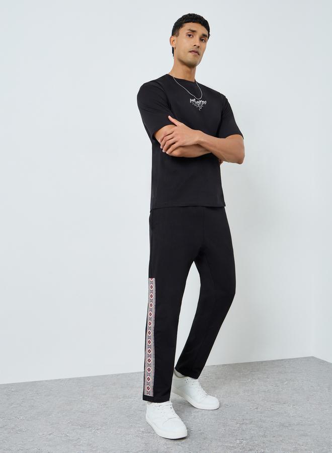 Styli Men Black Joggers with Ethnic Print Side Stripe - Image 2