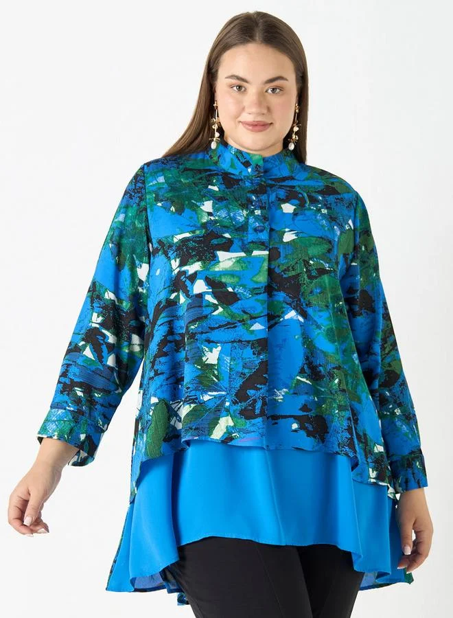 Ulla Popken Plus Size Ulla Popken All-Over Print High Low Top with Long Sleeves