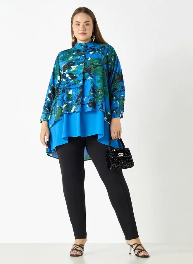 Ulla Popken Plus Size Ulla Popken All-Over Print High Low Top with Long Sleeves