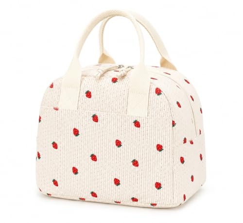 LOVELYWIND Insulated Strawberry Lunch Bag for Women Stylish Corduroy Tote with Aluminum Lining Large Capacity Reusable Cooler for Work Travel Beach or Picnic Beige Cream WaterResistant Lunch Box - Image 1