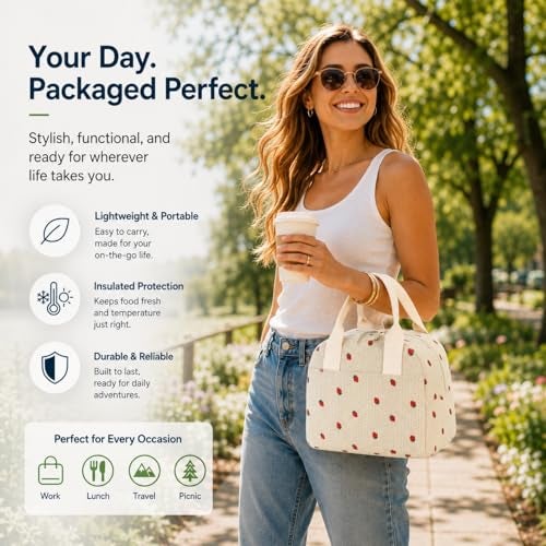 LOVELYWIND Insulated Strawberry Lunch Bag for Women Stylish Corduroy Tote with Aluminum Lining Large Capacity Reusable Cooler for Work Travel Beach or Picnic Beige Cream WaterResistant Lunch Box - Image 3