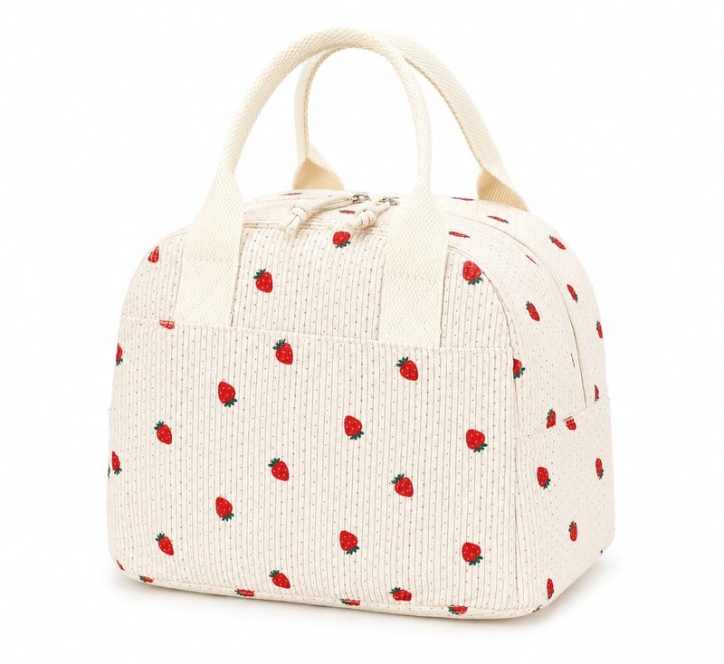 LOVELYWIND Insulated Strawberry Lunch Bag for Women Stylish Corduroy Tote with Aluminum Lining Large Capacity Reusable Cooler for Work Travel Beach or Picnic Beige Cream WaterResistant Lunch Box - Image 2