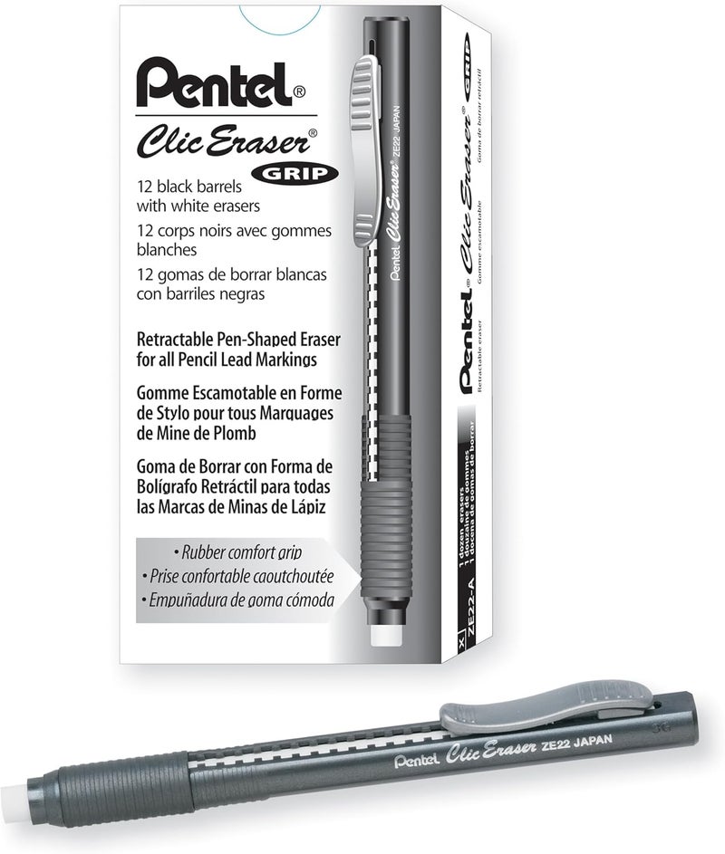 Pentel Clic Eraser Grip, Retractable Eraser, Black Barrel, Box of 12 (ZE22A) - Image 1