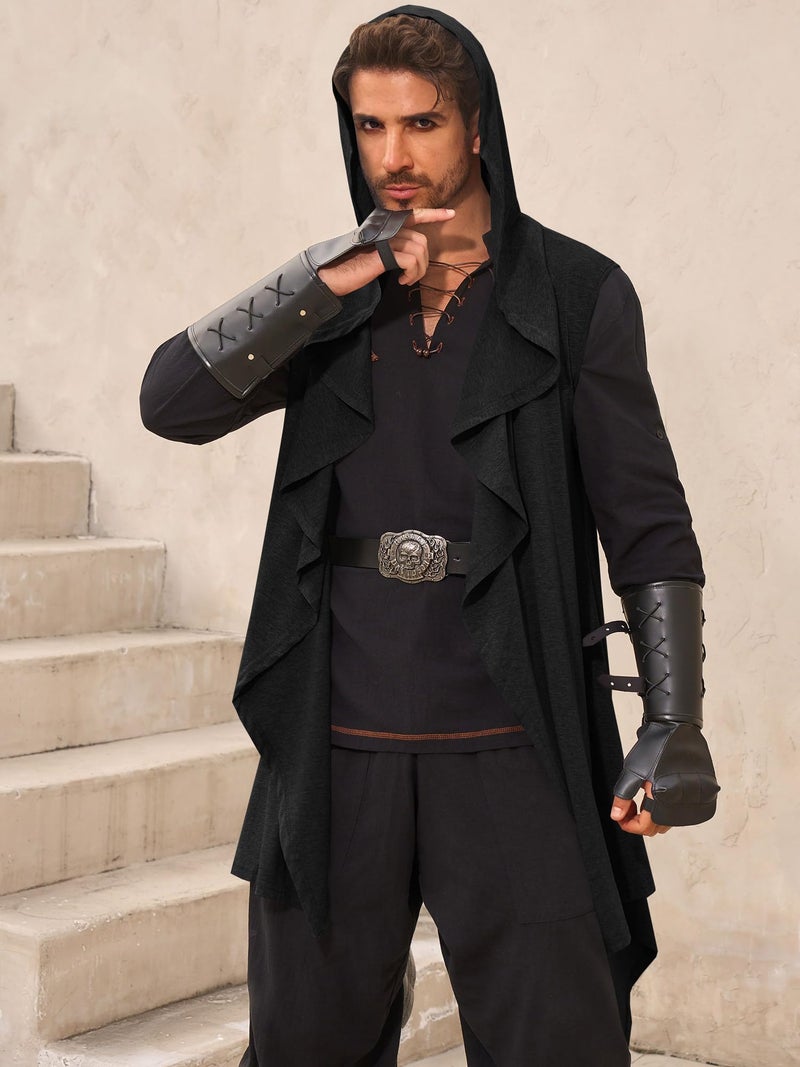 Runcati Mens Hooded Cardigan Sleeveless Ruffle Shawl Collar Open Front Knit Drape Robe - Image 2