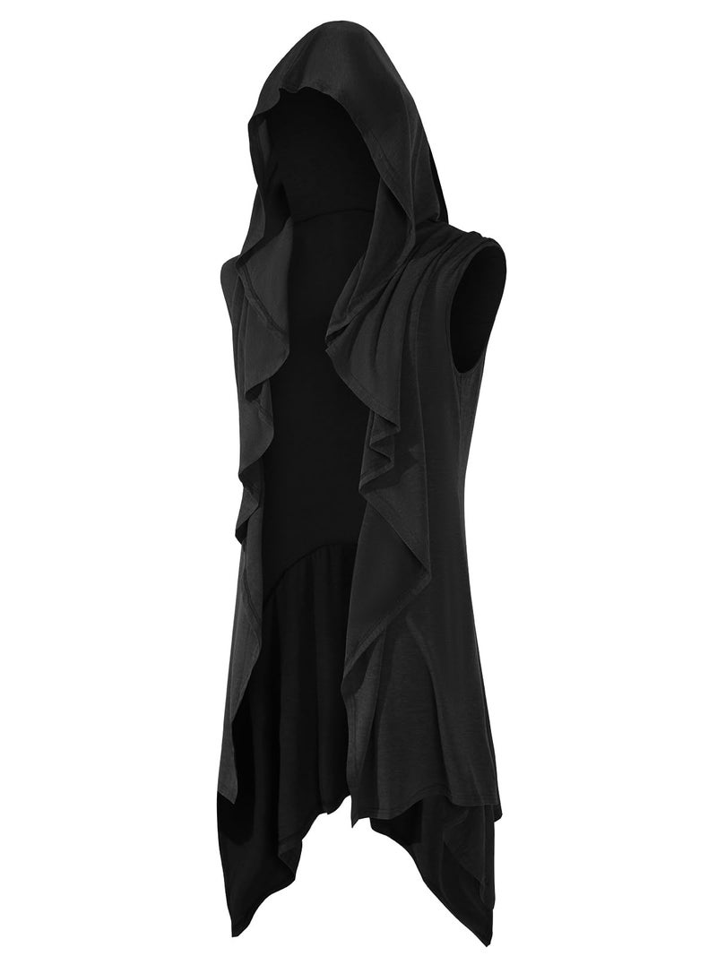 Runcati Mens Hooded Cardigan Sleeveless Ruffle Shawl Collar Open Front Knit Drape Robe - Image 1