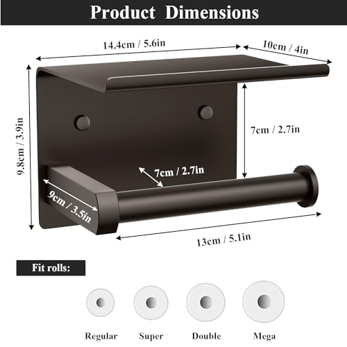 Tindbea Toilet Paper Holder with Phone Shelf, Adhesive or Screw Wall Mount Toilet Tissue Roll Holder, Rustproof & Multifunctional Stainless Steel Bathroom Storage Dispenser (Bronze) - Image 3