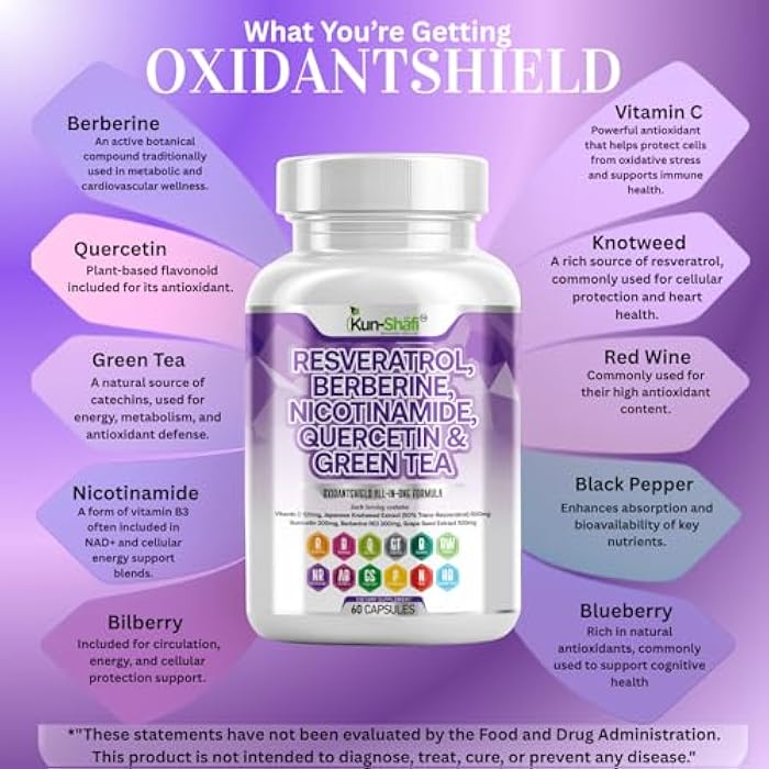 Berberine & Resveratrol Complex with Quercetin, Grape Seed, Green Tea, Vitamin C, and Nicotinamide Riboside – NAD+ & Antioxidant Polyphenol, Supplement for Men & Women – 60 Capsules - Image 4