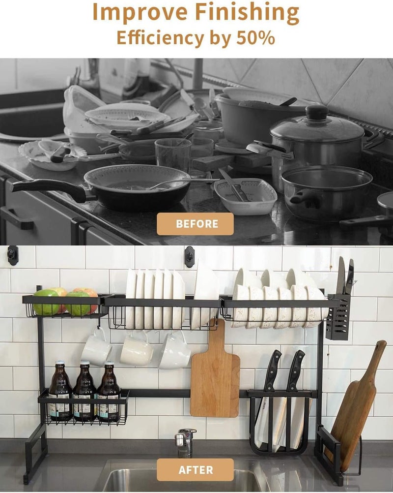 YIKA Trendy varied sizing alternatives Over The Sink Dish Rack (34''), 2 Tier Dish Drying Rack, Large Dish Drainer Shelf with Utensil Holder, Over Sink Kitchen Stainless Steel Storage Rack Space Saver Display Stand Closed & open space compatible - Image 4