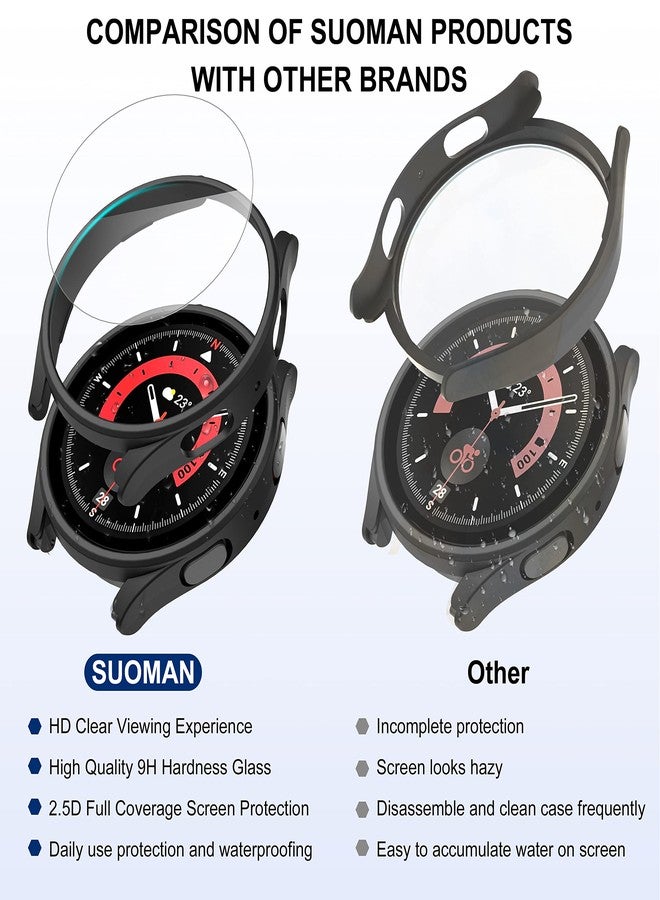 Suoman 2+2 Pack for Samsung Galaxy Watch 5 Pro 45mm Case, [Anti-Scratch] 9H Tempered Glass Screen Protector, All-Round PC Matte Protective Cover Bumper -Black - Image 5