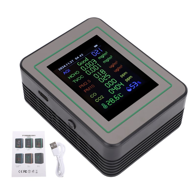 12-in-1 Air Quality Monitor with 2.8-Inch Color Screen, Detects HCHO, TVOC, PM2.5, PM10, CO, CO₂, Temperature and Humidity, Real-Time Data and Trend Graph MT14 Black 12-in-1 - Image 1