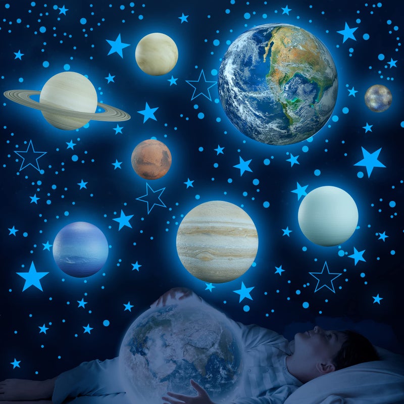 Glow in The Dark Stars Solar System Wall Decals The Earth Wall Stickers for Bedroom Baby Nursery Planets Sticker Decoration for Ceiling Blue