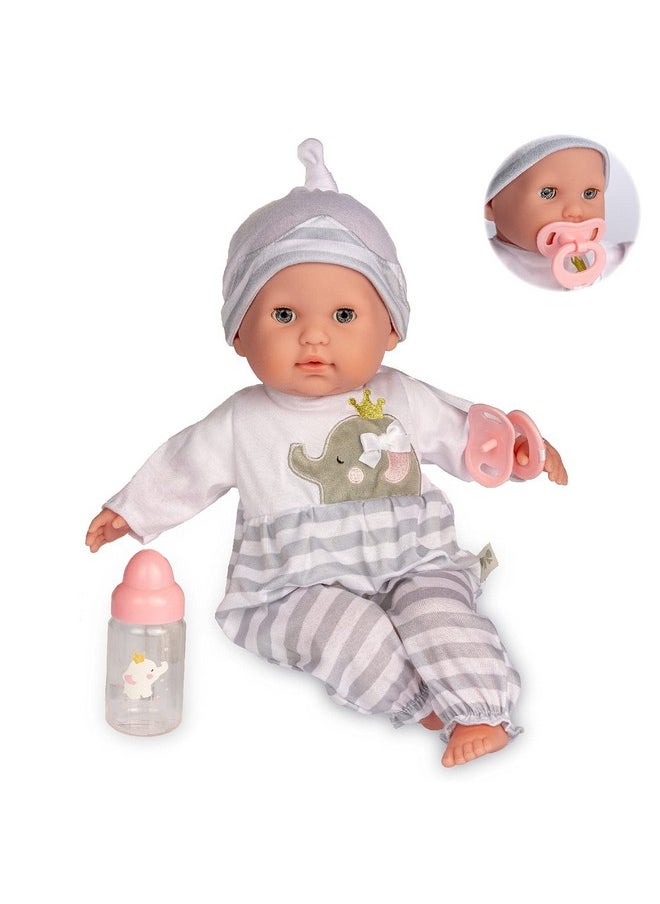 JC TOYS 15" Realistic Soft Body Baby Doll With Open Close Eyes Jc Toys Berenguer Boutique Bottle & Pacifier Grey Ages 2+  - Image 1