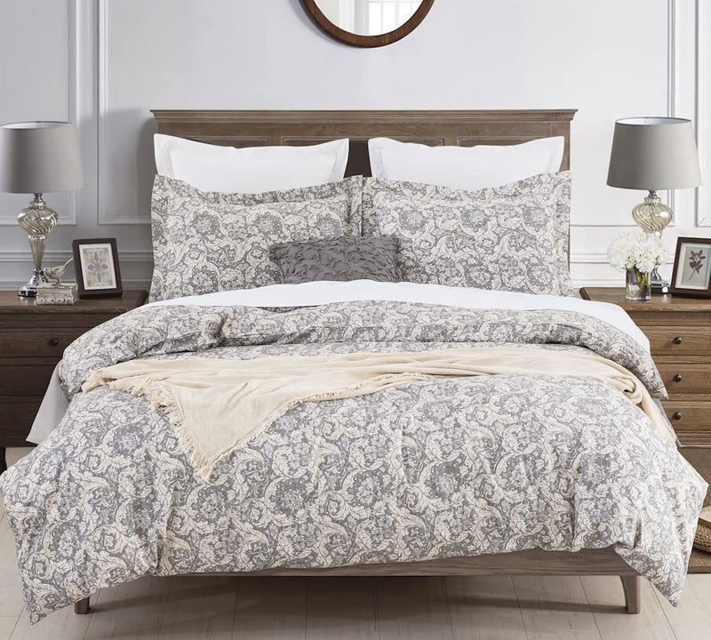 DAUAOTO Duvet Cover Queen Size Set - 90""X90"" Duvet Cover + 2 Shams  Cotton Bedding Set Gray Paisley Floral Pattern - Image 1
