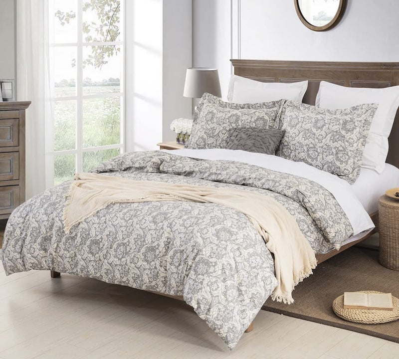 DAUAOTO Duvet Cover Queen Size Set - 90""X90"" Duvet Cover + 2 Shams  Cotton Bedding Set Gray Paisley Floral Pattern - Image 4