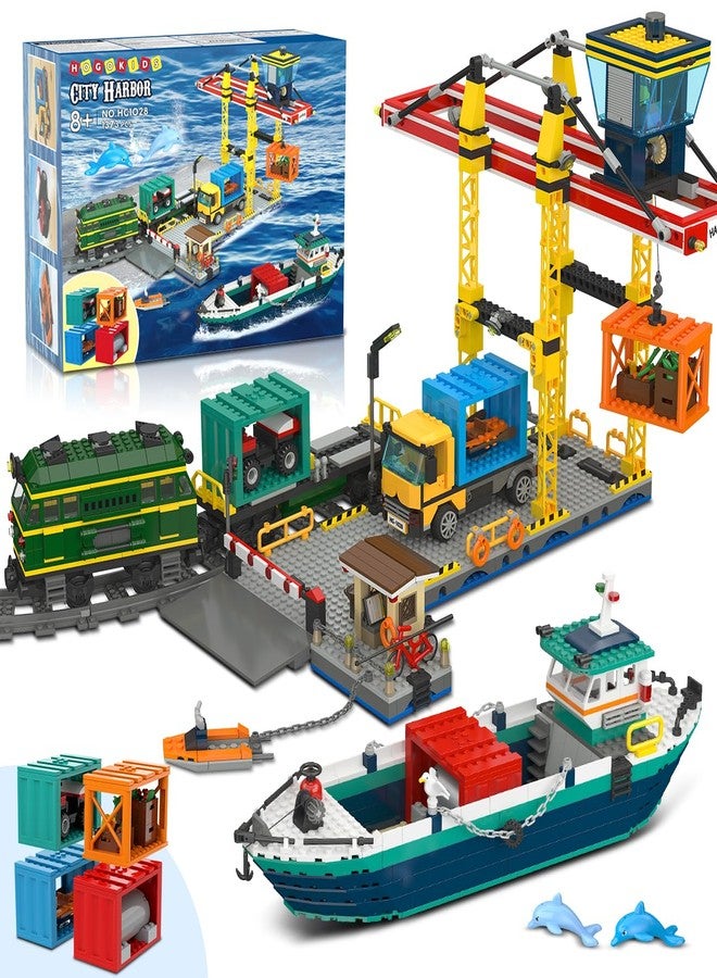 HOGOKIDS City Wharf Building Set with Crane - Includes Ship Train Truck, 4 Containers with Cargo Harbor Building Blocks | Large Construction Toy for for Adults Teens Kids Girls Boys 6-14+（1373PCS） - Image 1
