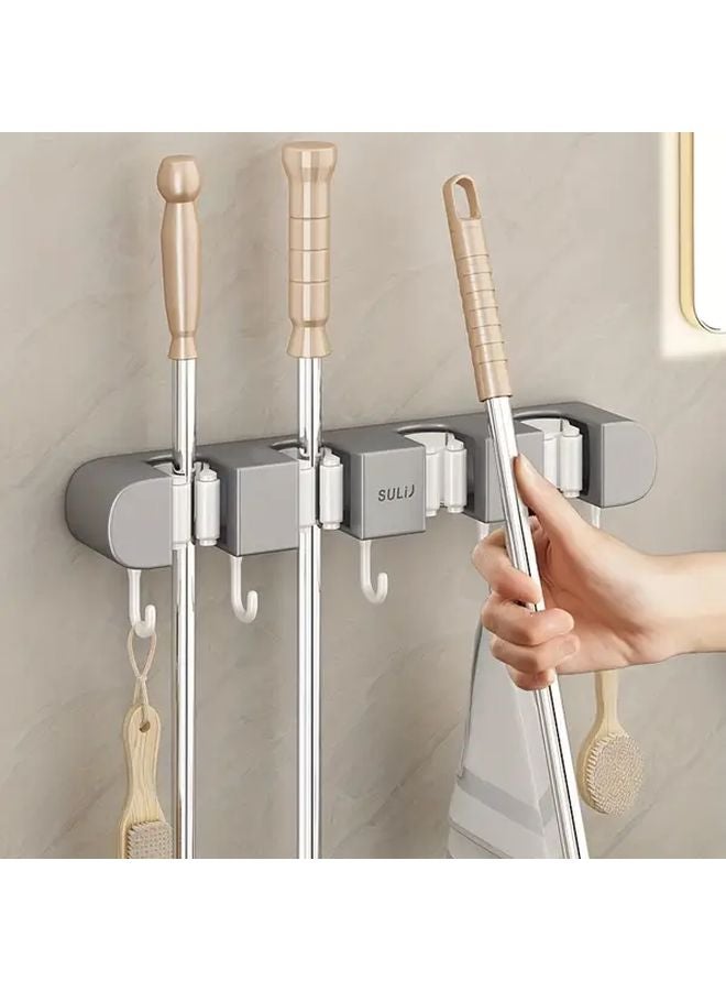 حامل منظف الأرضيات والمكنسة الحائطي الرمادي 4 بطاقات مع مشابك وخطاطيف - Image 2