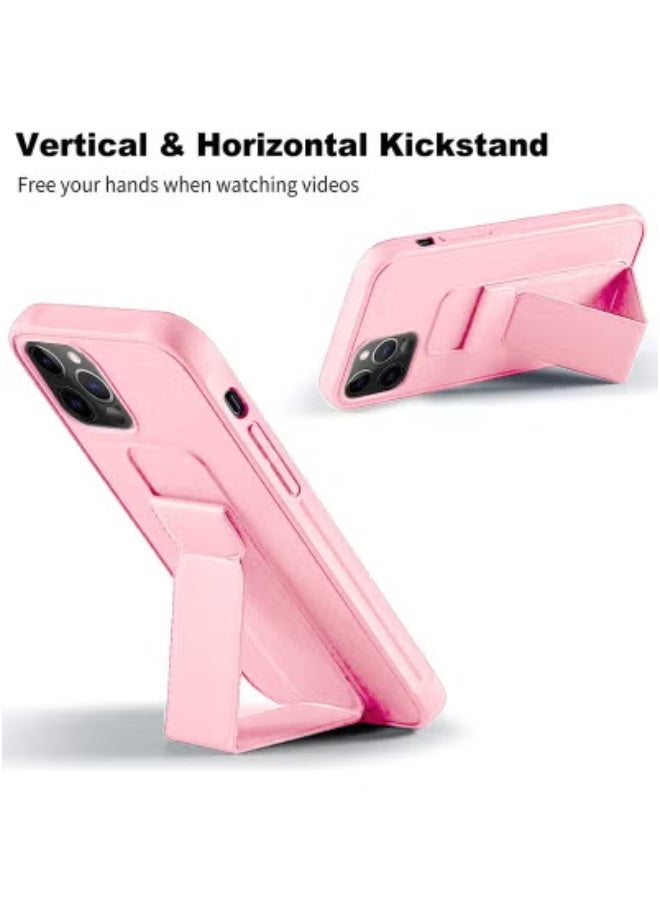 JAJEEK Hand Grip Foldable Magnetic Kickstand Case with Wrist Strap & Finger Grip for Apple iPhone 15 Pro 2023 – Shockproof Back Cover with Built-In Iron Plate for Magnetic Car Mounts – Adjustable Stand – Anti-Slip Grip – Light Pink Protective Case - Image 3