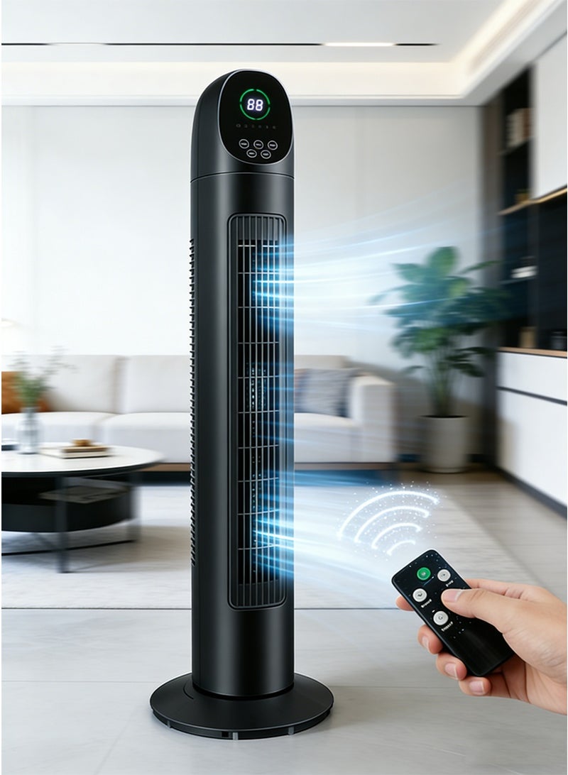 TAPIT Household Tower Fan with Remote Control, 90° Oscillating Bladeless Floor Fan for Living Room Bedroom Dorm, Compact Quiet Standing Fan with 3 Speeds & 9H Timer & LED Temp Display (Black) - Image 1
