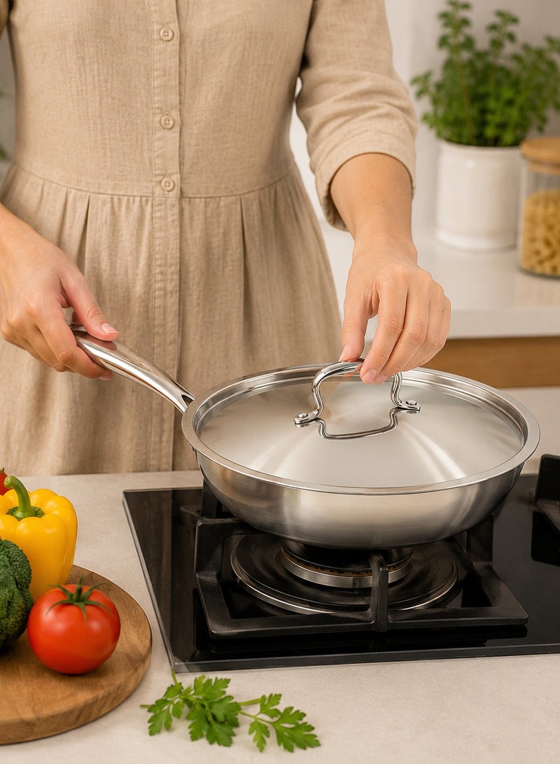 Aanya Homecraft Premium Tri-Ply Stainless Steel Fry Pan with Lid, 22cm – Extra Deep Silver Frying Pan with Extra-Long Handle for Bulk Frying, Family Meals & Professional Cooking - Image 3