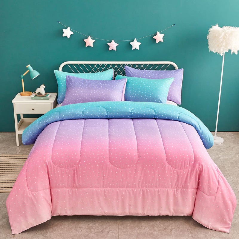 Yogeneg Yogeneg Rainbow Comforter Set FullQueen Size for Teen GirlsBoys WomenMetallic Star Moon Printed Mermaid Comforter with 2 Pillowcase Microfiber 3 Piece Bedding SetAll Season Rainbow B Queen