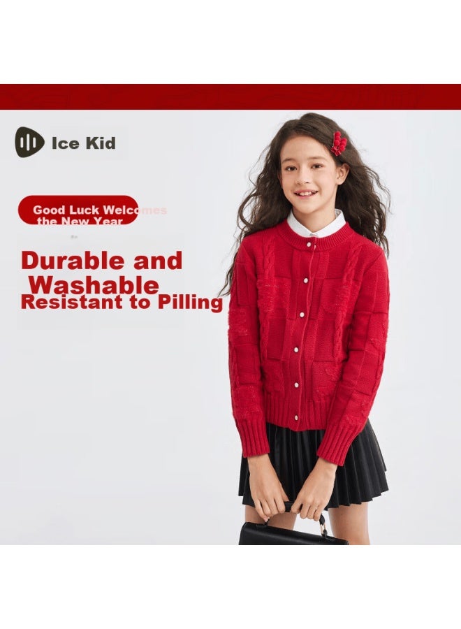 Souhait Girls' Sweater Autumn New Children's Knitted Cardigan Classic Red 105 - Image 1