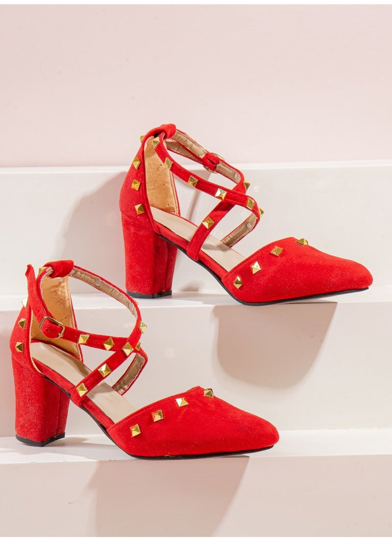 LIFESTYLISH - Suede Pyramid Heel - Red - Image 1