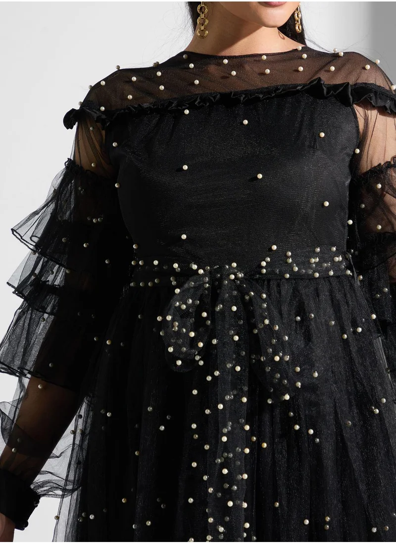 Golden Apple Ruffle Detailed Mesh Dress