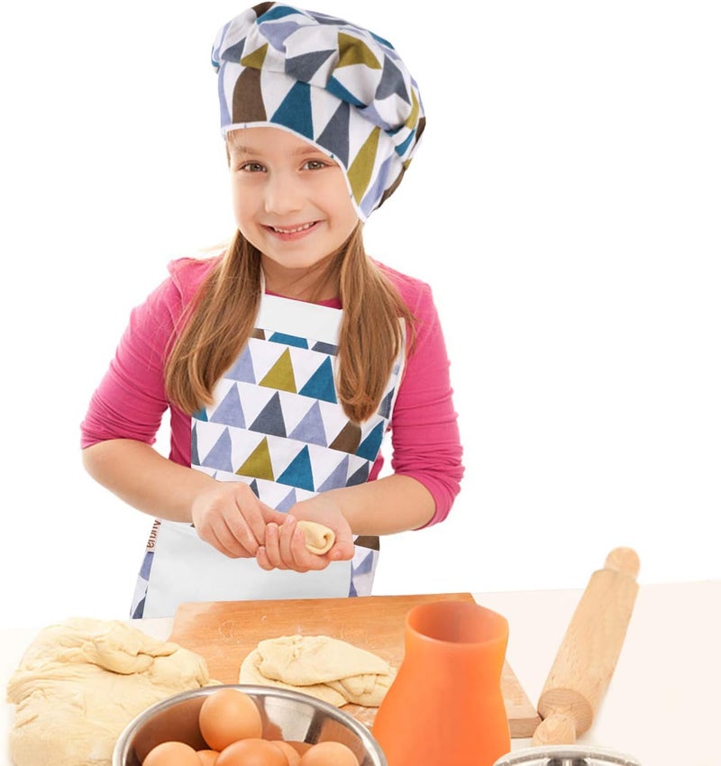 Aurya Kids Apron and Chef Hat Set-Adjustable Child Apron for Boys and Girls for Cooking Baking Triangles - Image 5