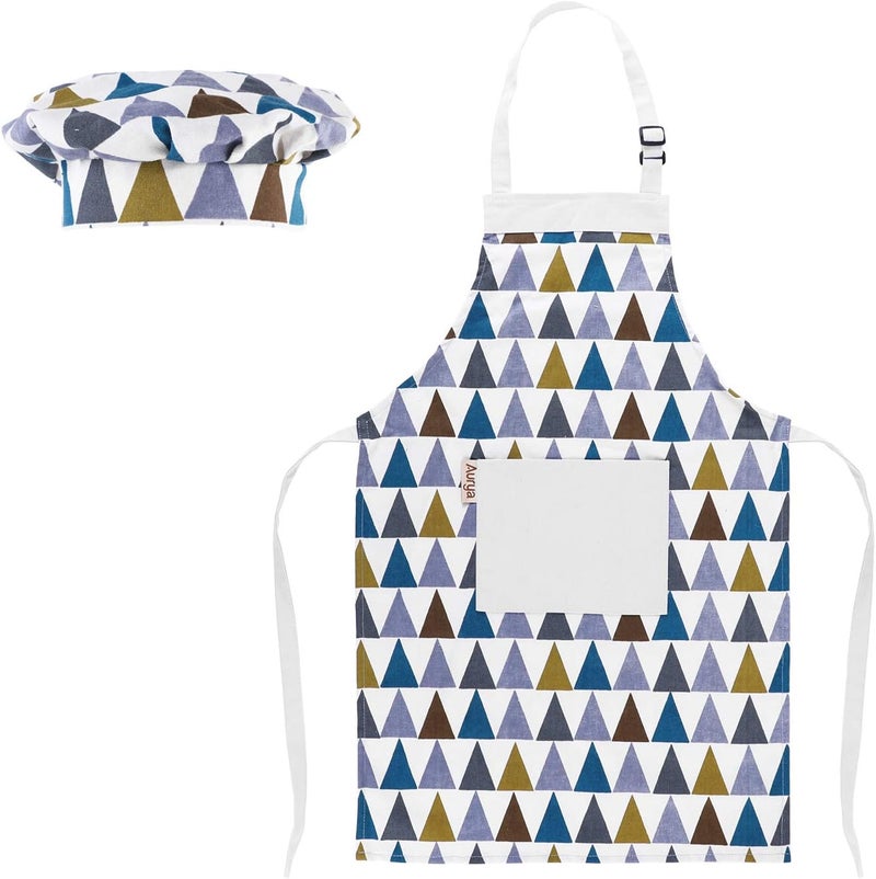 Aurya Kids Apron and Chef Hat Set-Adjustable Child Apron for Boys and Girls for Cooking Baking Triangles - Image 1