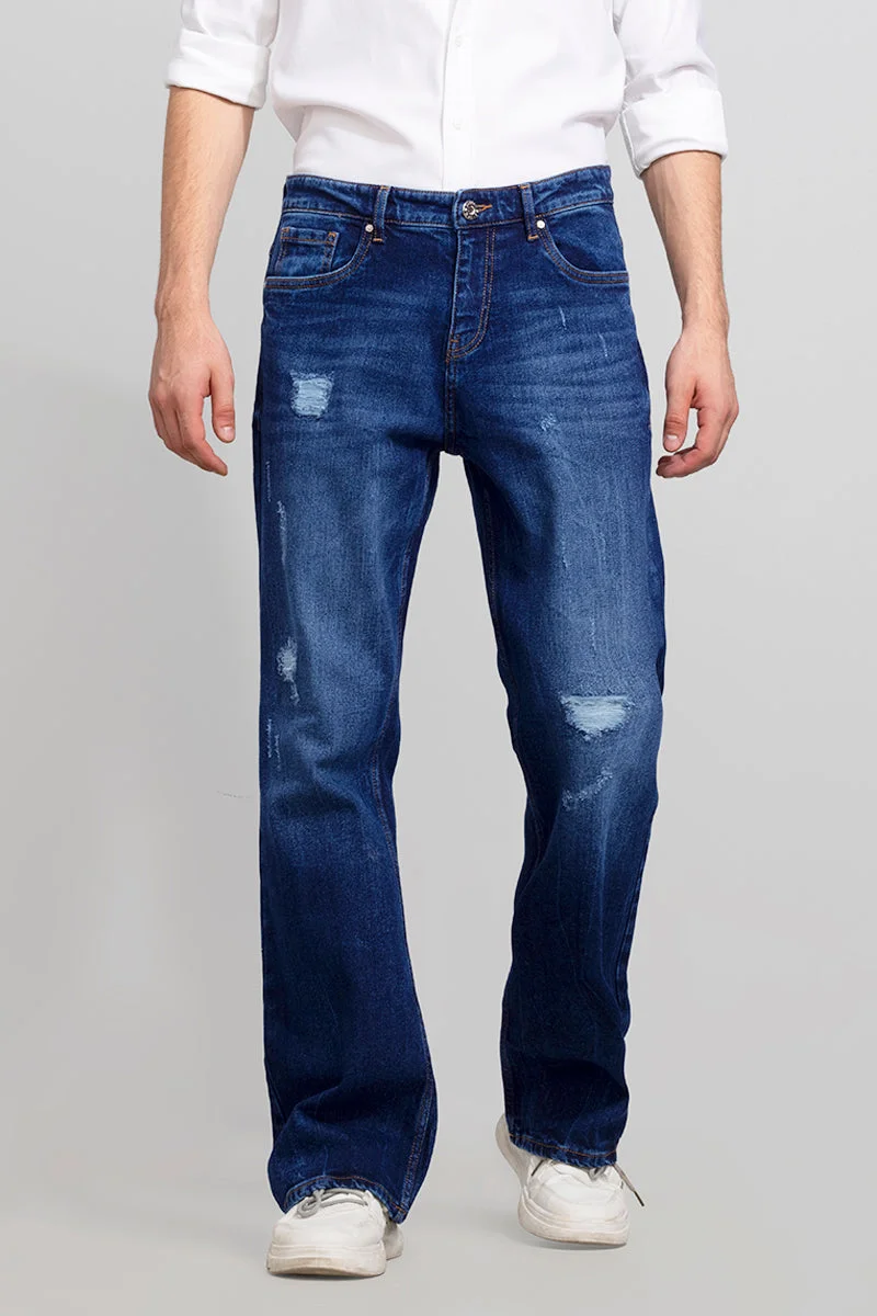 سنيتش Blue Solid Loose Fit Streetwear Jeans