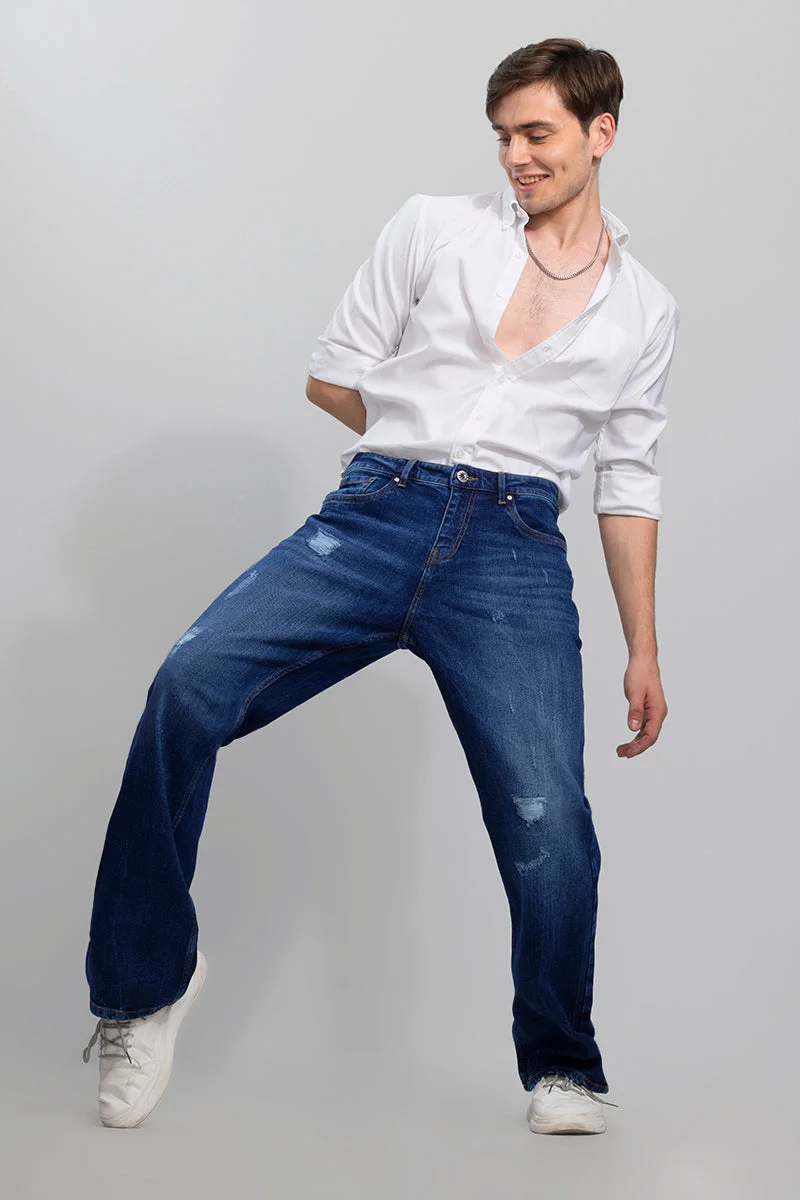 سنيتش Blue Solid Loose Fit Streetwear Jeans