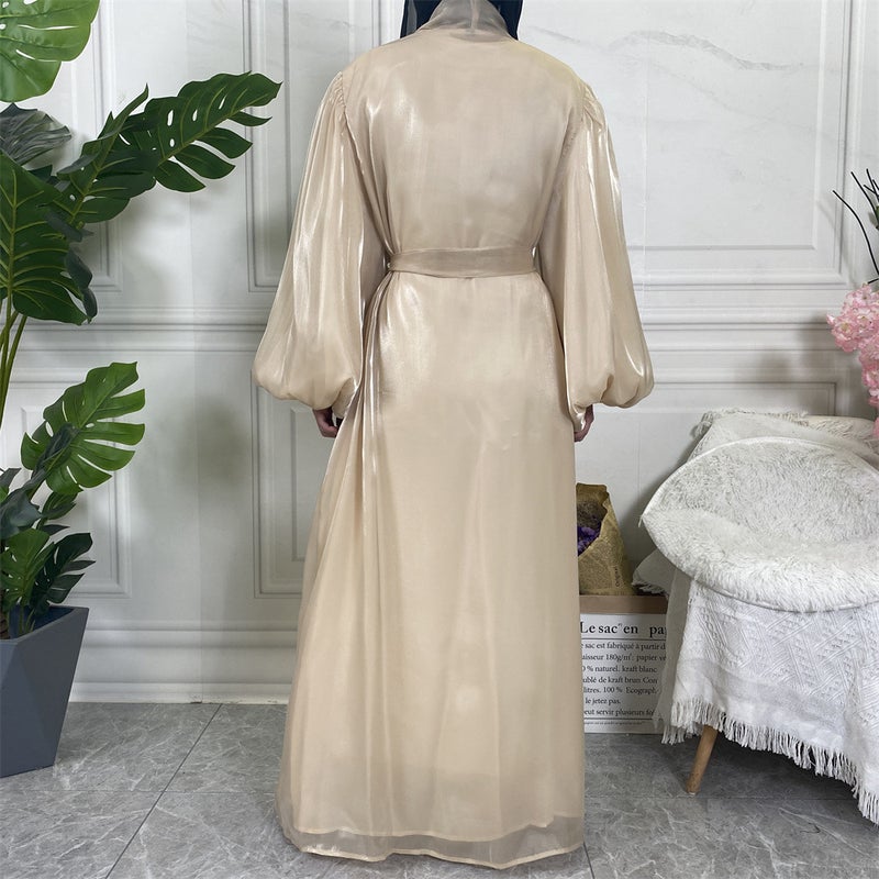 monica fashion Fashion Abaya Elegant Solid Color Lantern Sleeve Cardigan - Image 4