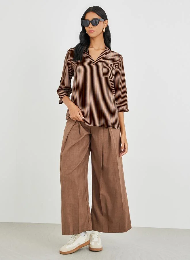 Take Two Take Two Striped V-Neck Chest Pocket Shirt