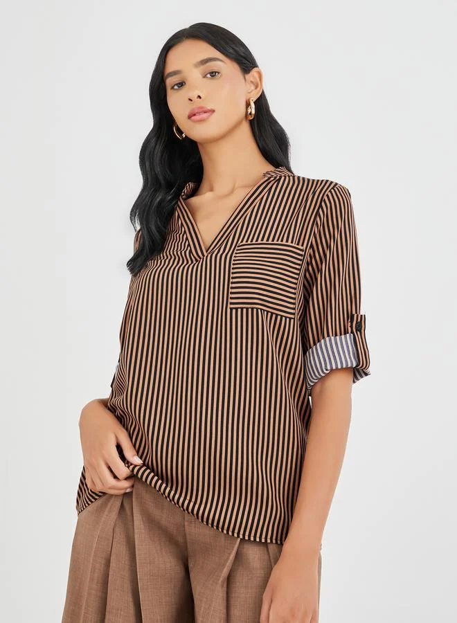 Take Two Take Two Striped V-Neck Chest Pocket Shirt