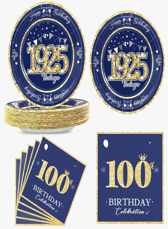 algpty 60 PCS Vintage 100th Birthday Plates and Napkins Set, 100th Birthday Decorations Blue and Gold, Service for 30, 1925 Dessert Plates and Napkins Party Supplies for Men Women - Image 1