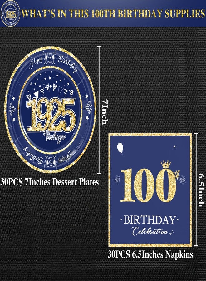 algpty 60 PCS Vintage 100th Birthday Plates and Napkins Set, 100th Birthday Decorations Blue and Gold, Service for 30, 1925 Dessert Plates and Napkins Party Supplies for Men Women - Image 2