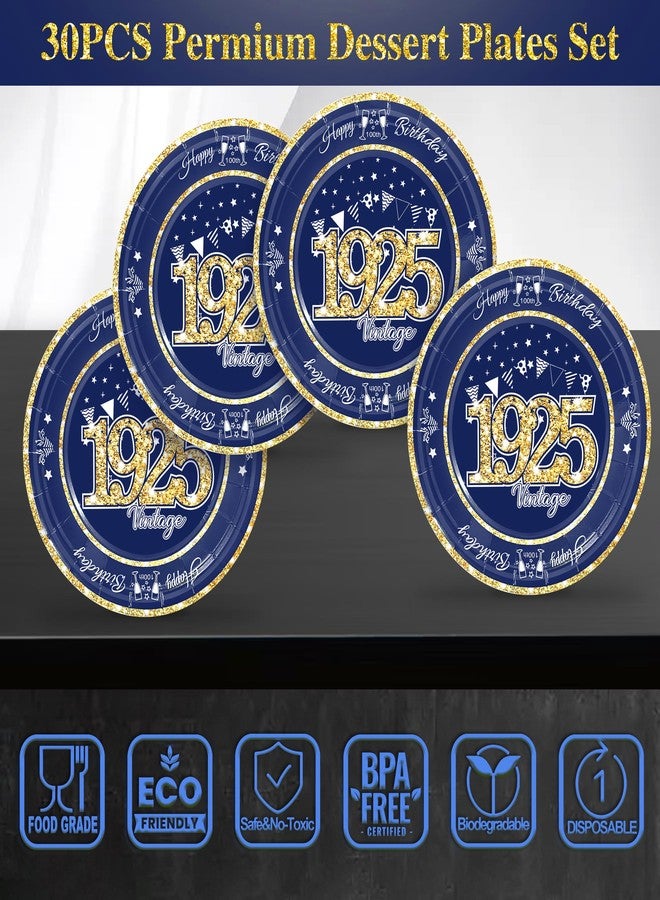 algpty 60 PCS Vintage 100th Birthday Plates and Napkins Set, 100th Birthday Decorations Blue and Gold, Service for 30, 1925 Dessert Plates and Napkins Party Supplies for Men Women - Image 3