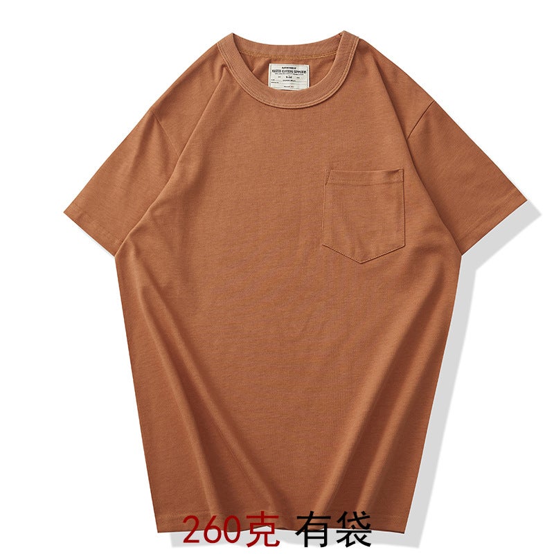 OKONKWO 260g Summer Thick T-shirt Smooth Fabric Clear Color Short Sleeve Heavy Basic Pocket T-shirt Brown 260 with bag