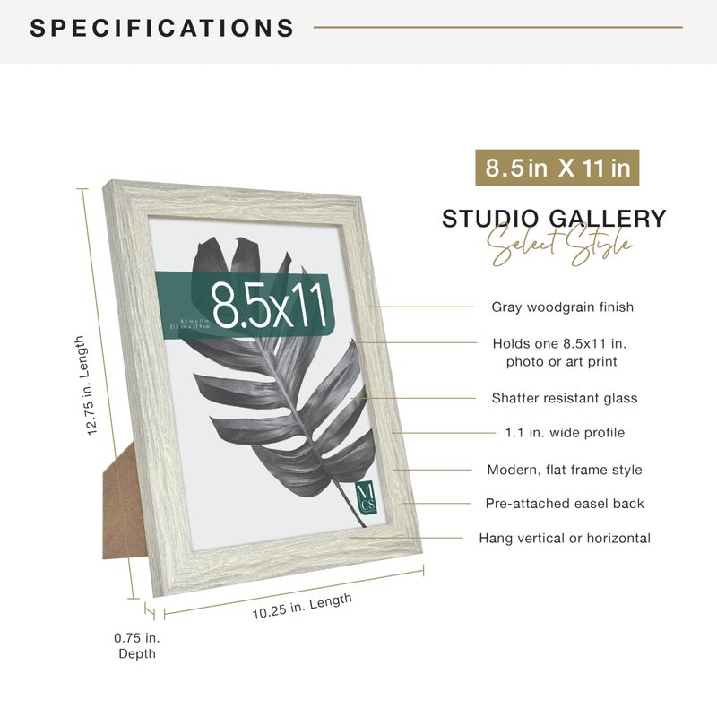 MCS Studio Gallery 8.5x11 Picture Frame Gray Woodgrain Engineered Wood, Rectangle Photo Frame for Photos, Posters & Art Prints & Easel for Tapletop Display (1-Pack) - Image 4