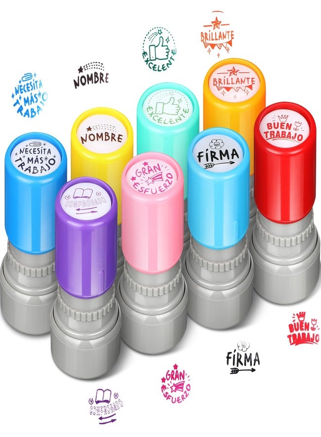 Chivertion 8 Pcs Spanish Teacher Stamps for Classroom Round Self Inking Spanish Grading Stamps Gifts Motivation Teacher Stamp for School Signature Homework Reward Supplies - Image 1