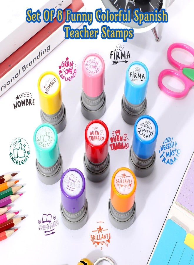 Chivertion 8 Pcs Spanish Teacher Stamps for Classroom Round Self Inking Spanish Grading Stamps Gifts Motivation Teacher Stamp for School Signature Homework Reward Supplies - Image 2