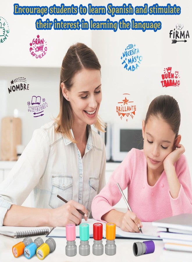 Chivertion 8 Pcs Spanish Teacher Stamps for Classroom Round Self Inking Spanish Grading Stamps Gifts Motivation Teacher Stamp for School Signature Homework Reward Supplies - Image 5
