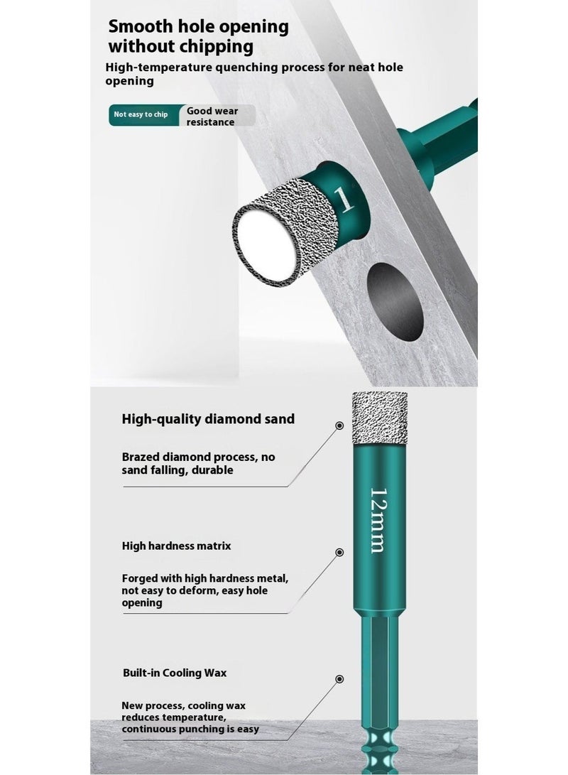 مجموعة 4 رؤوس حفر ماسية للتشغيل الجاف – مقاسات 6/8/10/12 ملم، مثبتة بتلحيم فراغي، للحفر في الجرانيت، البلاط، السيراميك، الرخام، الحجر والزجاج (غير مخصصة للأخشاب) - Image 5