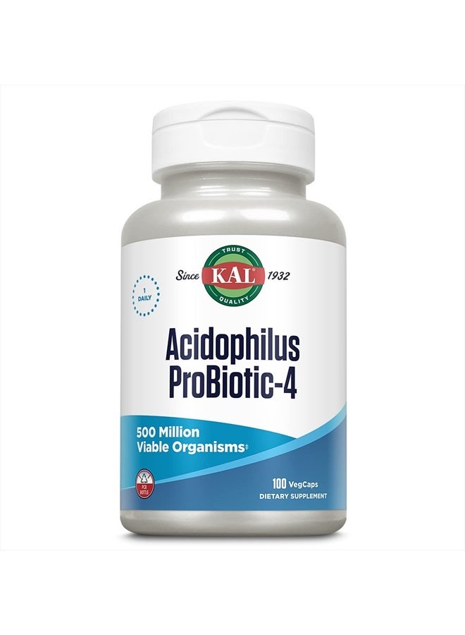 KAL Acidophilus ProBiotic-4, 500 Million CFUs, Four Probiotic Strains, Probiotics for Women and Men, Freeze Dried, L. acidophilus, L. bulgaricus, S. thermophilus, B. bifidum, 100 Servings, 100 VegCaps - Image 1