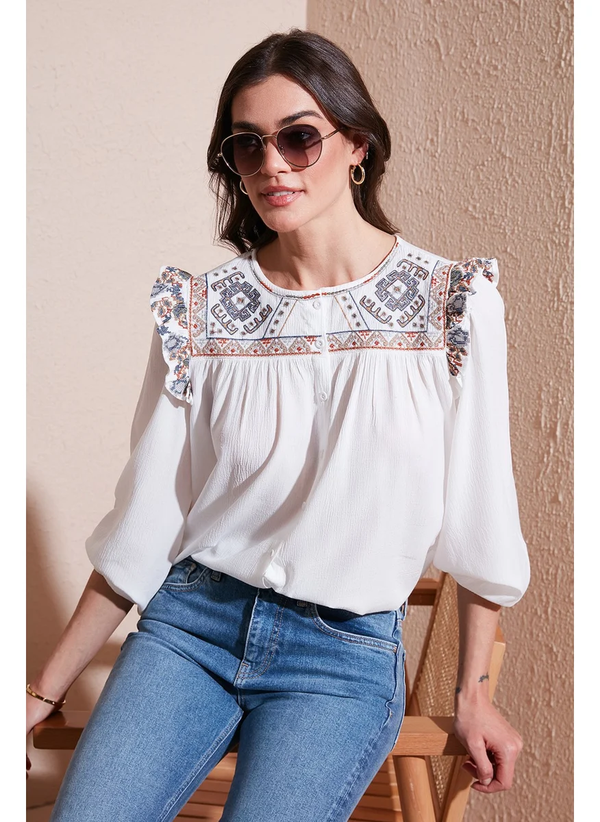 Lela Ethnic Patterned Sleeve Detailed Crew Neck Şile Cloth Shirt Women's Shirt 611BZ0042