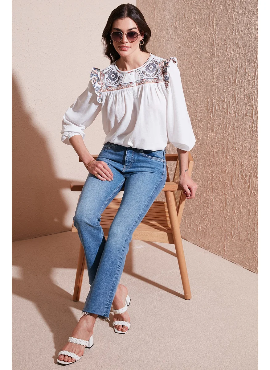 Lela Ethnic Patterned Sleeve Detailed Crew Neck Şile Cloth Shirt Women's Shirt 611BZ0042